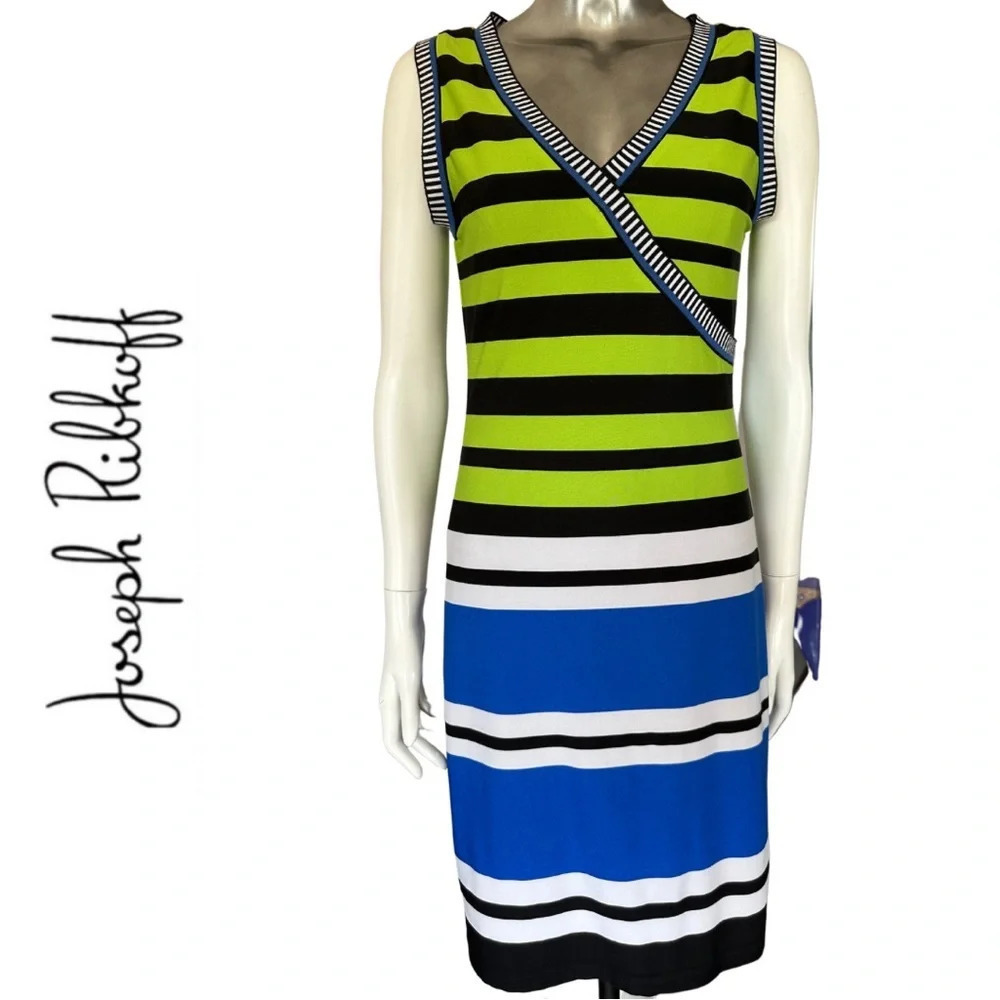 Joseph Ribkoff Dress Sleeveless Stripe Dress Stretchy Lined MIDI  Size 6